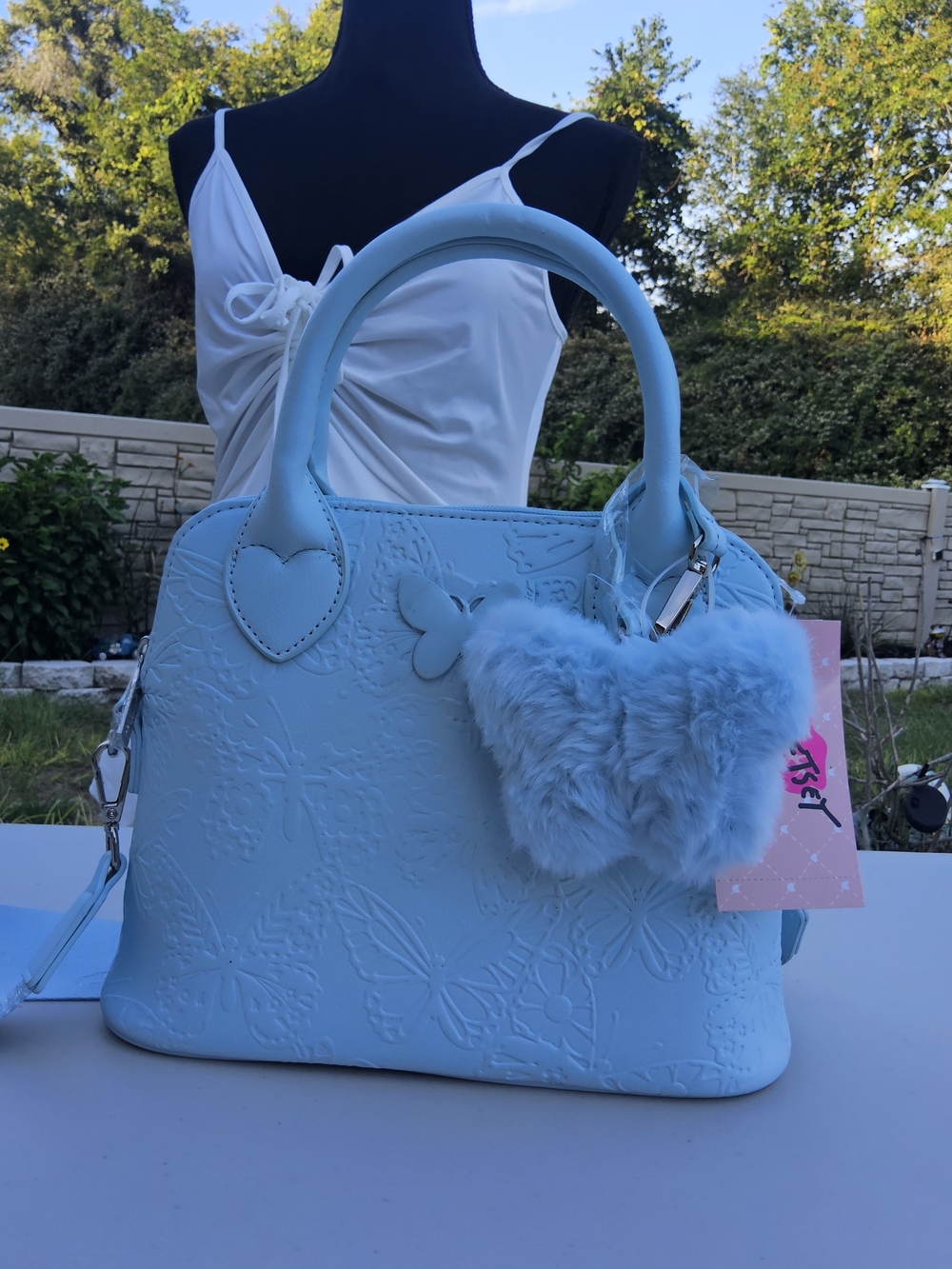 NWT- Light Blue Women's Satchel Handbag with Heart Handles and Pom-Pom Charm - Picture 2 of 5